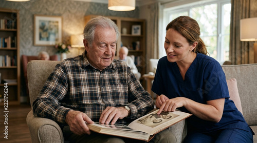 Elderly Man and Caregiver Look at Photo Album Together in Retirement Home
