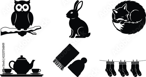 Winter nature and cozy lifestyle icons set with animals and clothing silhouette