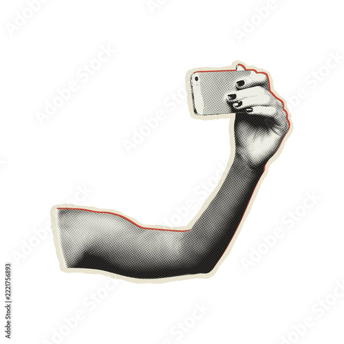 Human arm holding a smartphone for selfie with halftone texture isolated on black background, for digital media concepts