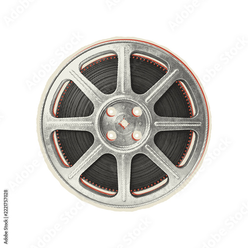 Vintage 35mm reel icon isolated on black background, for cinema production, and retro media, projects with halftone texture