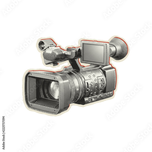 Digital camera camcorder with halftone texture, media production equipment isolated on black background sticker