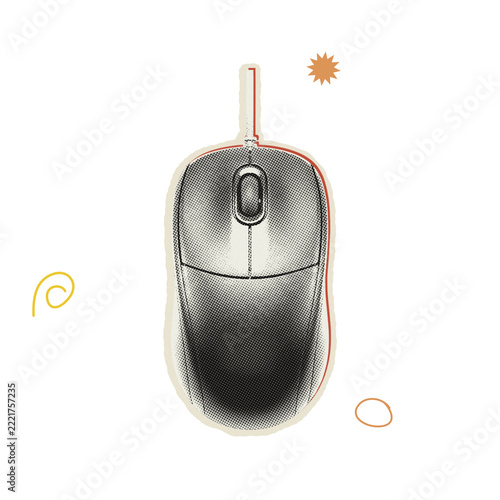 Modern computer mouse with halftone texture and red outline isolated on black background, with decorative abstract