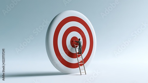 Business professional climbing ladder to hit bullseye target