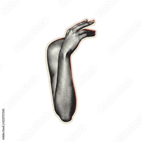 Artistic of a human arm and hand in a graceful pose with halftone texture and red outline on a black background