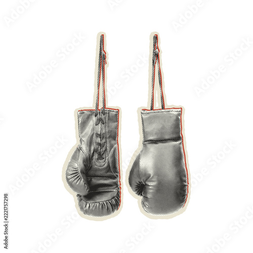 Pair of vintage style boxing gloves with halftone texture and red outline isolated on a solid black background, for sports