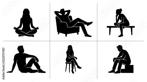 People silhouettes set with figures meditating, relaxing, thinking and sitting for lifestyle concepts