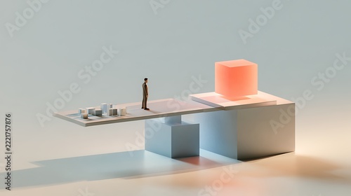 Businessman standing on a balance scale weighing a glowing cube