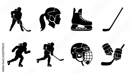 Canvas Print Ice hockey player silhouettes set with female figures, skates, helmets and stick