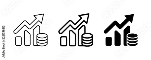 Growth and finance icons set with graph, coins, and upward arrow for business analytics and economy