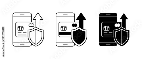 Mobile payment security icons set with phone, credit card, shield and up arrow for finance and banking app