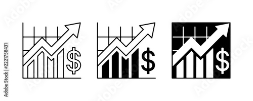 Finance growth icons set with dollar sign and upward arrow for business analytics