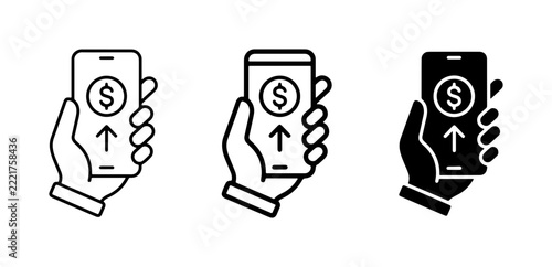 Mobile payment icons set with phone, dollar sign and up arrow for finance app and web