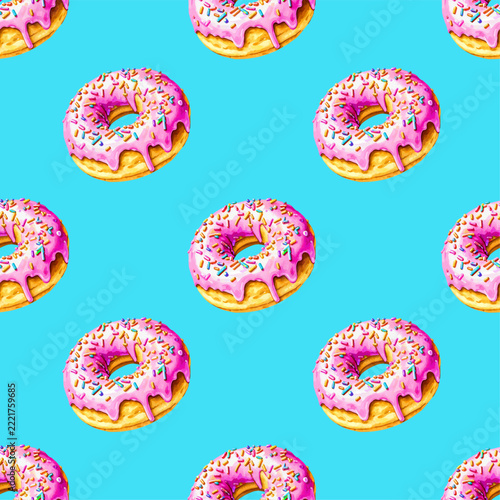 Donut seamless pattern. Watercolor pink donut with different topping on blue background. Texture for fabric, wrapping, wallpaper. Decorative print