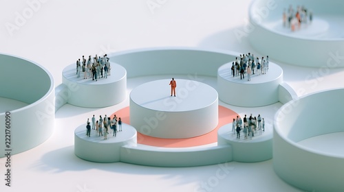 Professional leader standing on a central podium surrounded by small