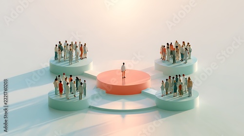 Professional leader standing on a central podium addressing groups of