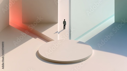 Businessman standing at a crossroads in a minimalist architectural