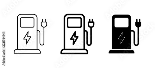 Electric vehicle charging station icons set with lightning bolt symbol for web and app