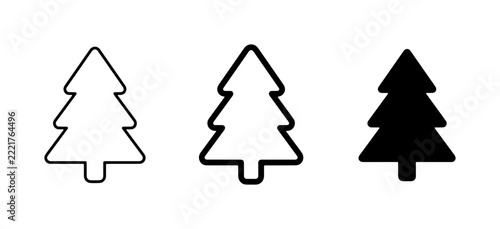 Christmas tree icons set with outline and solid glyphs for holiday greeting cards and winter design