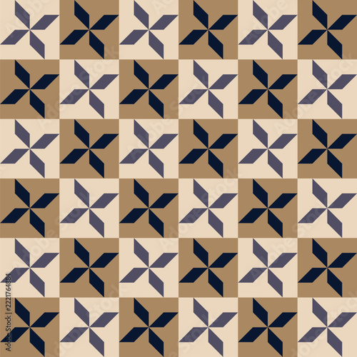 Seamless windmill pattern created from small grey-blue parallelograms in cream squares and small navy blue parallelograms in gold squares