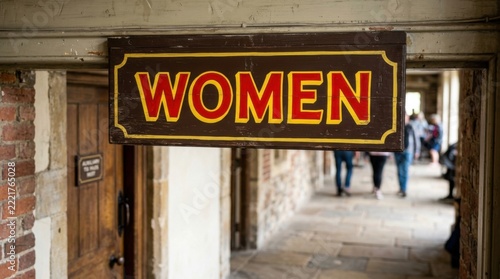 Vintage Womens Restroom Sign Hanging Above Hallway Public Toilet Entrance