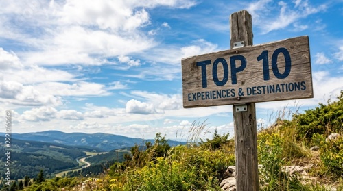 Top 10 Experiences and Destinations Signpost in Scenic Mountain Landscape with Blue Sky and Clouds
