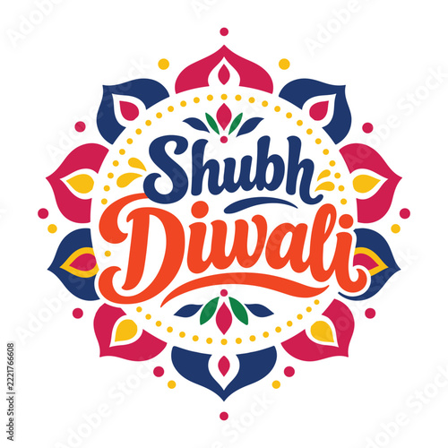 Shubh-Diwali Lettering Typography With Ornate Rangoli Mandala Floral Pattern In Colorful Traditional Indian Festival Vector Design
