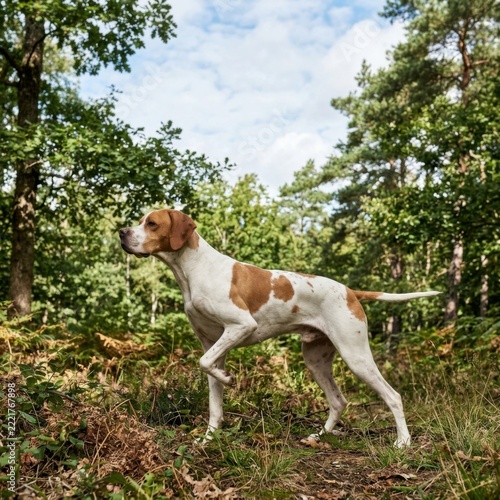 Pointer Dog Standing in Lush Forest Alert and Ready