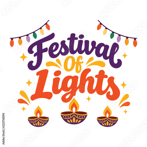 Festival-Of-Lights Diwali Hand Lettering Typography With Three Glowing Diya Lamps And Festive String Lights Vector Illustration
