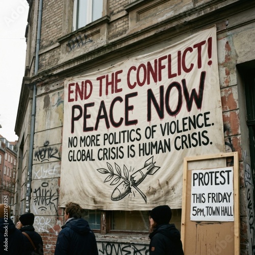 Protest Banner End the Conflict Peace Now with Bomb and Olive Branch Symbol on Building Facade