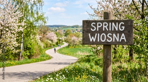 Spring awakening Scenic rural road sign announces seasons arrival with blooming trees and distant village