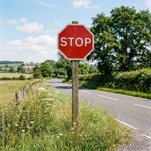 Red octagonal stop sign on wooden post beside a country road with green fields and trees under a blue sky