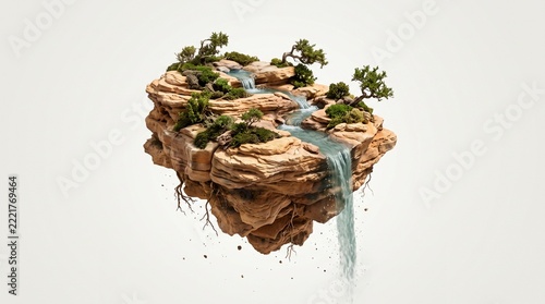 Floating rocky island with cascading waterfall and green vegetation