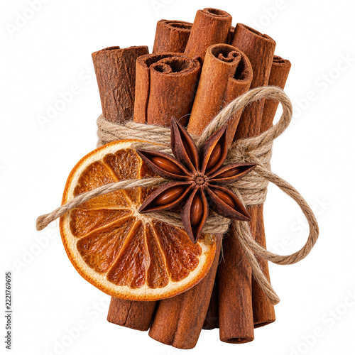 Cinnamon Sticks with Dried Orange and Star Anise Isolated on Transparent Background