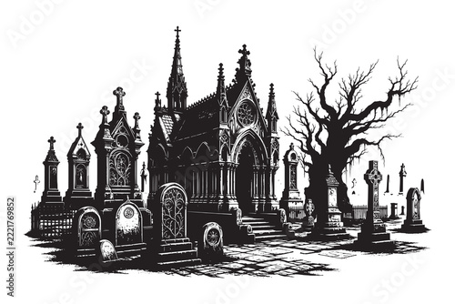 Obraz na plátně A gothic mausoleum and graveyard in a detailed black and white illustration