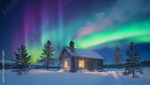Modern cabin under colorful northern lights