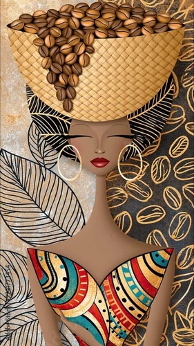 Flat design of an elegant African woman in an ethnic dress, carrying a basket of coffee beans on her head, set against a background adorned with decorative leaves.