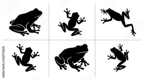 Tree frog silhouettes set with various poses for nature logos and designs