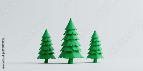 Three minimalist green Christmas trees stand in a row on a light grey background, representing a simple and elegant holiday theme.