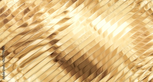 Diagonal shimmering gold parallel ribbed surface texture pattern casting soft warm glowing light across luxurious abstract interior architectural wall decoration background composition