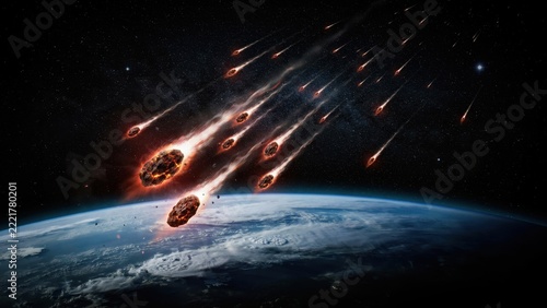 Meteor shower falling toward Earth atmosphere in deep space. Dramatic illustration of a catastrophic cosmic impact for science fiction concepts.
