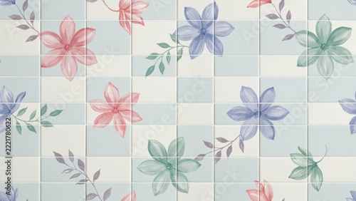 Ceramic wall tiles with a watercolor floral pattern in soft pastel tones. Perfect for interior design projects and elegant bathroom or kitchen backsplashes.