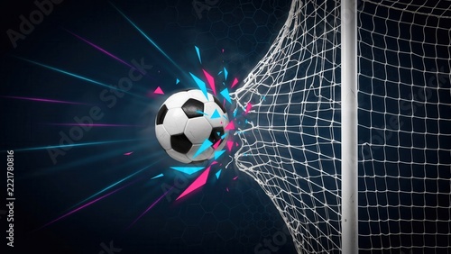 A soccer ball hits the goal net with dramatic neon explosion effects under dark stadium lights. Perfect for sports marketing and championship banners.