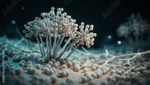 Microscopic view of Aspergillus mold spores and hyphae structures. Conceptual illustration for biological science and medical healthcare research.