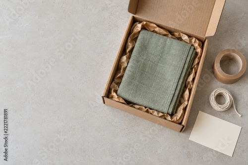 Open Kraft Shipping Box with Folded Green Linen and Packing Supplies