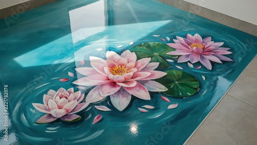 3D epoxy floor art featuring realistic pink lotus flowers on a glossy blue water background. Modern interior design concept for unique residential or commercial spaces.