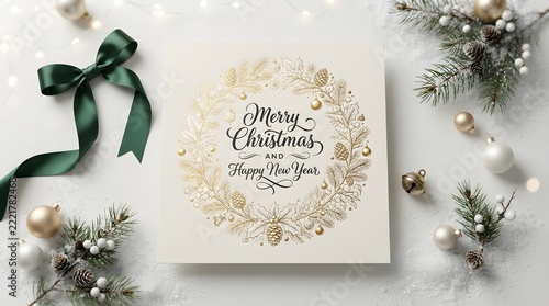 Festive christmas card with golden wreath and ribbon holiday greetings and new year wishes