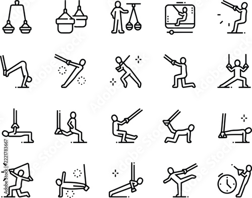 New year fitness suspension training icons set for gym workout and