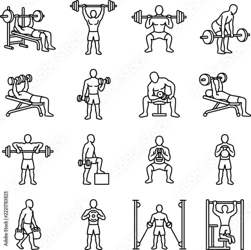 New year fitness workout icons set showing men exercising with