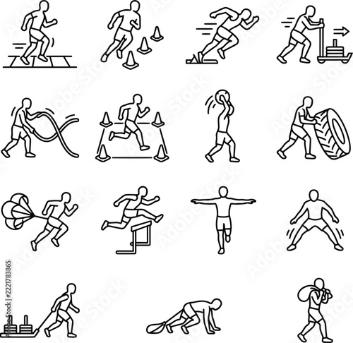 New year fitness workout icons set showing athletic training