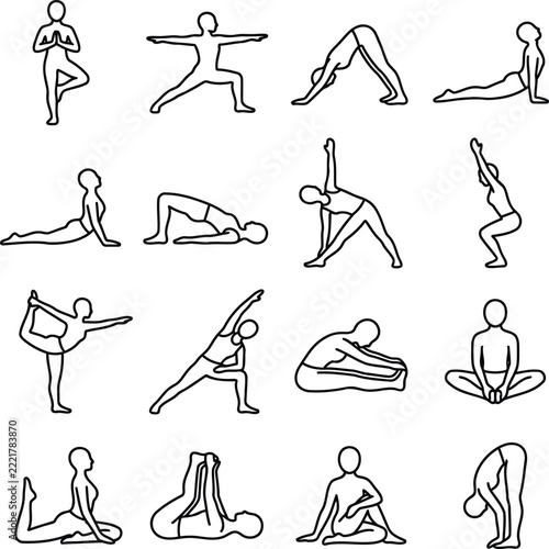 New year fitness yoga poses set featuring minimalist line art human